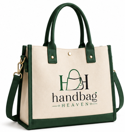 Green and beige handbag with 'Handbag Heaven' logo on a white background
